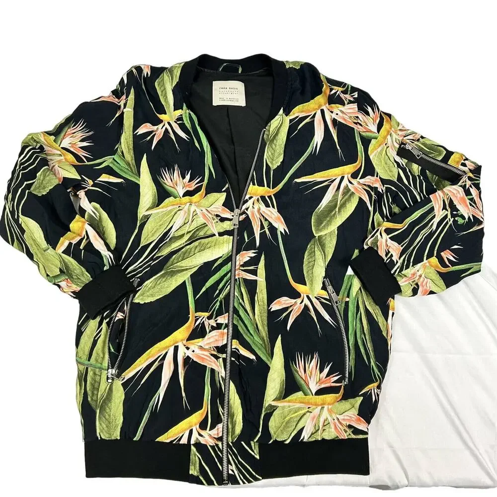 Zara Basic Outerwear Womens Xs Floral Zip Up Bomber Jacket Tropical Oversized - Picture 4 of 10